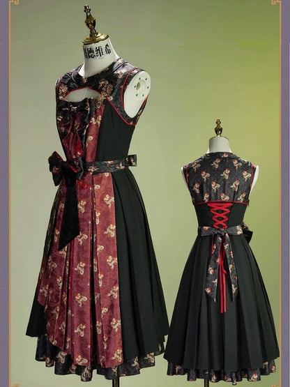 Retro Floral Print Lolita JSK with Layered Skirt - Neoludwig