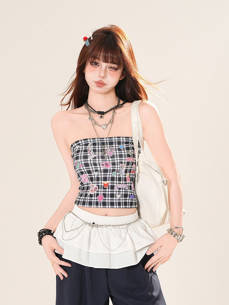 チェック柄ステッカープリント クロップド丈 ピンク/ブラック ストラップレストップ