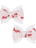 Light Pink Strawberry Print Lace Trim Lolita Bowknot Hairclips