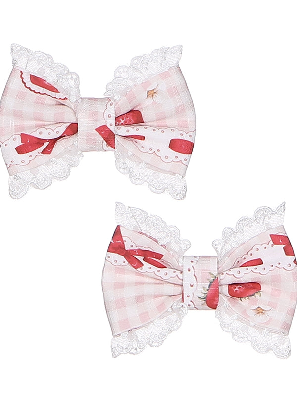 Light Pink Strawberry Print Lace Trim Lolita Bowknot Hairclips