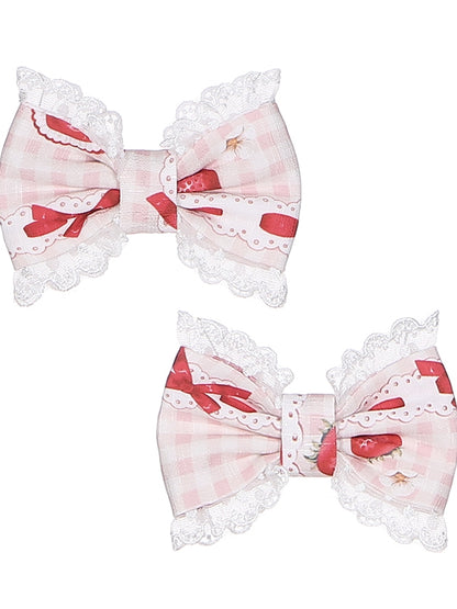 Light Pink Strawberry Print Lace Trim Lolita Bowknot Hairclips