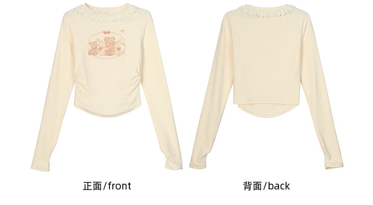 Apricot Bunny und Teddybär Langarm Top gerüscht