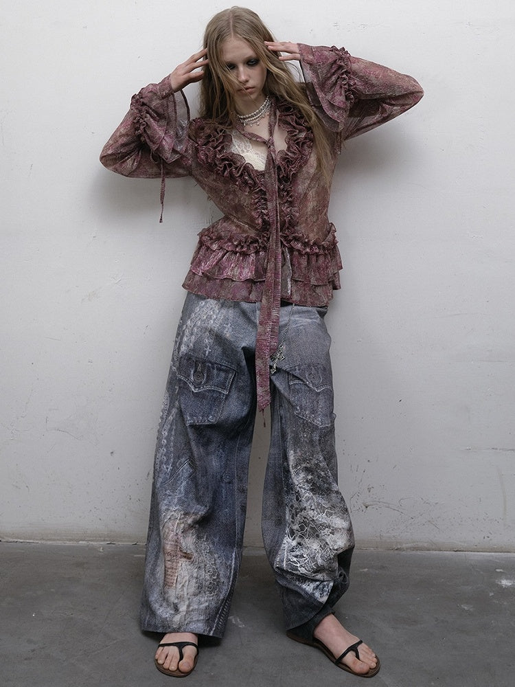 Print Spitzenjeans Schnitt Weites Bein Blau Kette Punk Wasteland Details