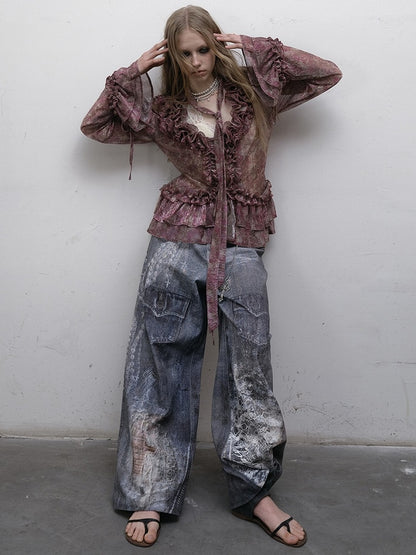 Print Spitzenjeans Schnitt Weites Bein Blau Kette Punk Wasteland Details