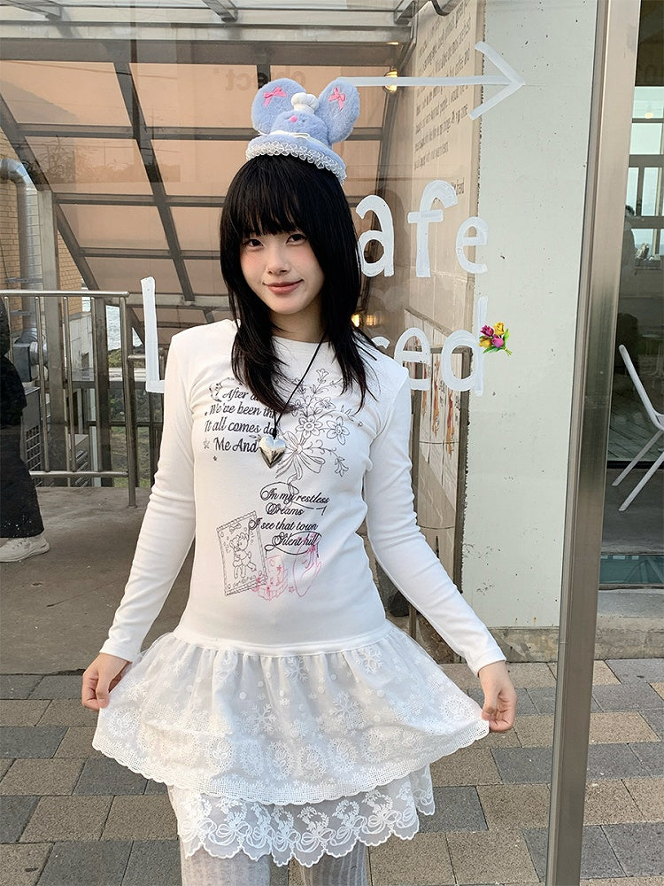 Lace Tiered Hugging Top Print Gray Bear White / with