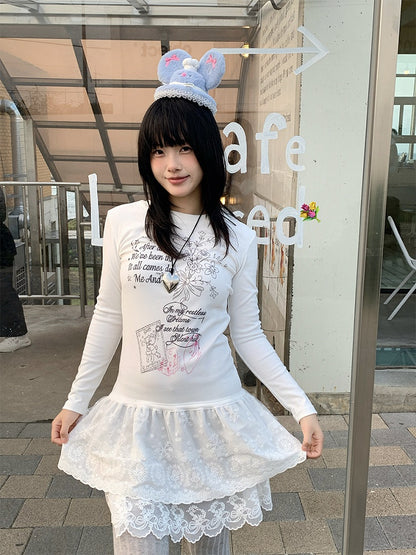 Lace Tiered Hugging Top Print Gray Bear White / with