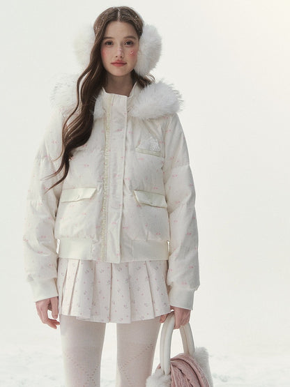 Winter Hood Jacket Trim Floral with Printed White Plush