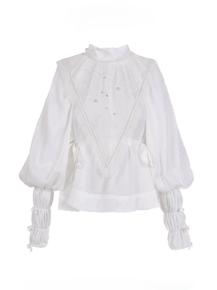 Spiderweb with Long Collar Gothic Embroidered Detachable High-Neck Sleeves Sailor Blouse Lolita White