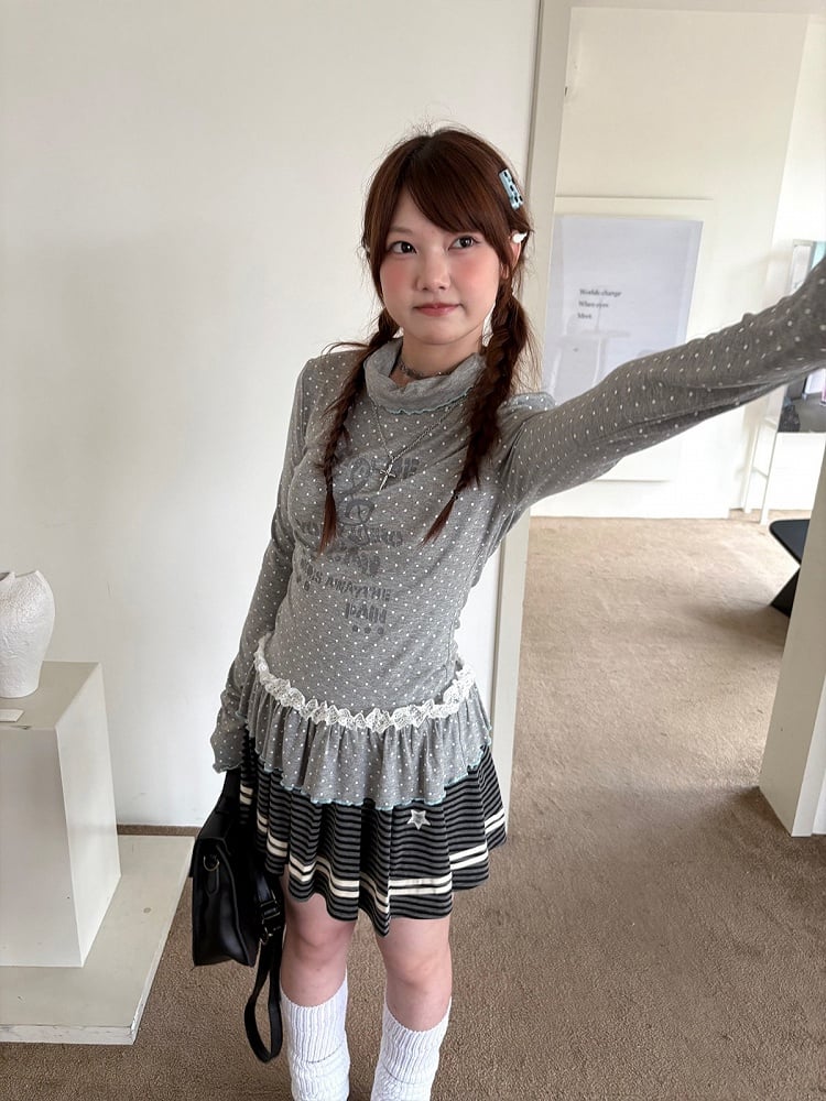 with Dots Ruffle Gray Polka Long T-Shirt Sleeve Neck Trim Lace