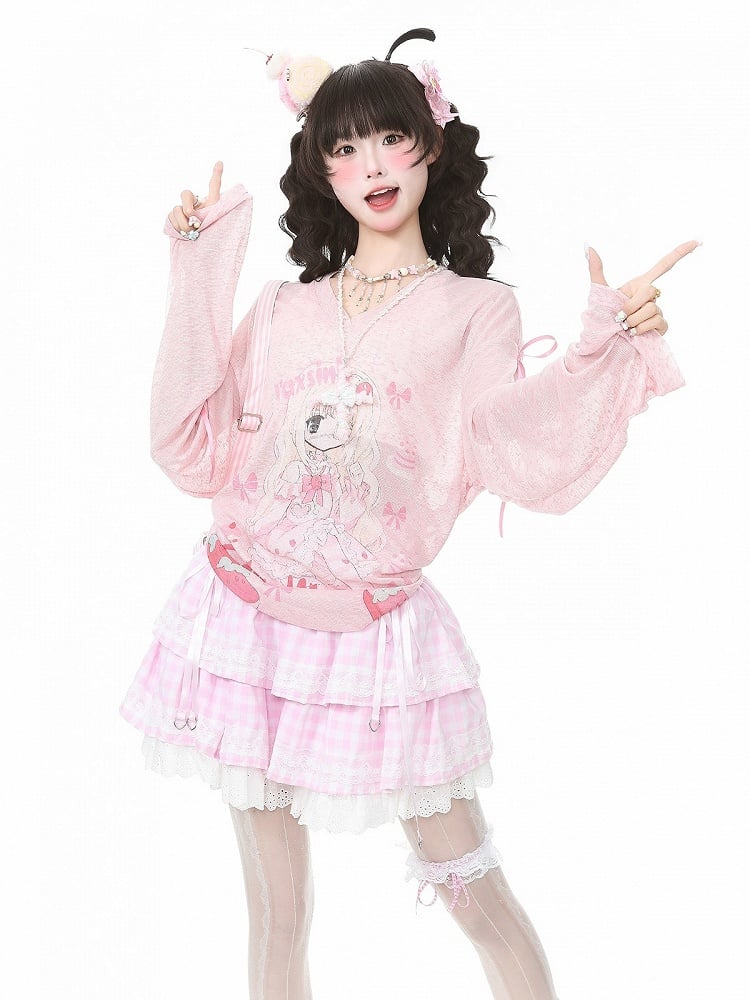 Pink Long Sleeve Sun Top with Girl Print & Ribbon Detail - Languid Park