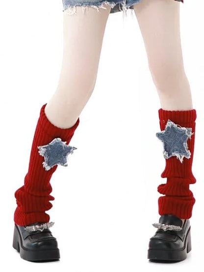 Red Knit Leg Warmers Denim Star Appliques