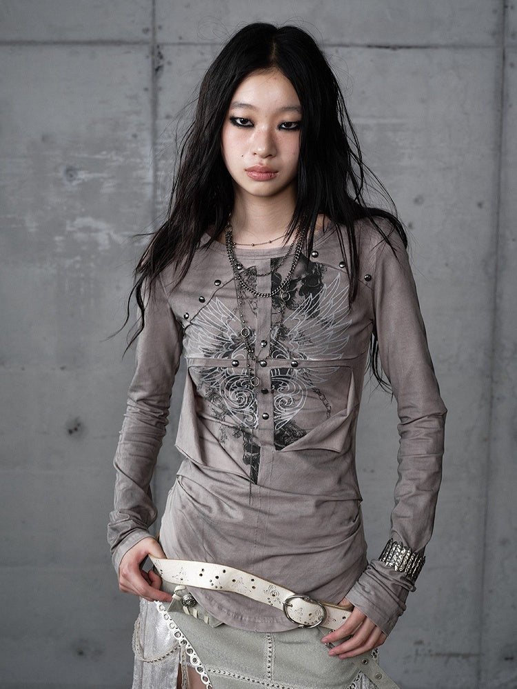 Knit Vintage Wing Print with Design Cross Deconstructed Gray Top Punk