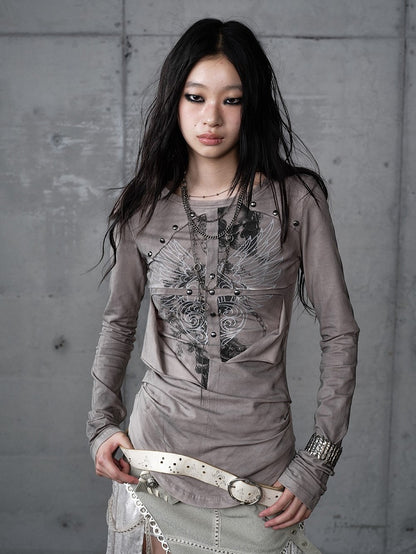 Knit Vintage Wing Print with Design Cross Deconstructed Gray Top Punk