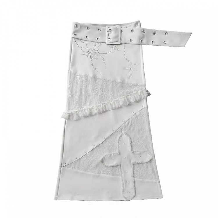 Cross Skirt Belt Waist Lace Patches with White Low Applique Buckle Punk