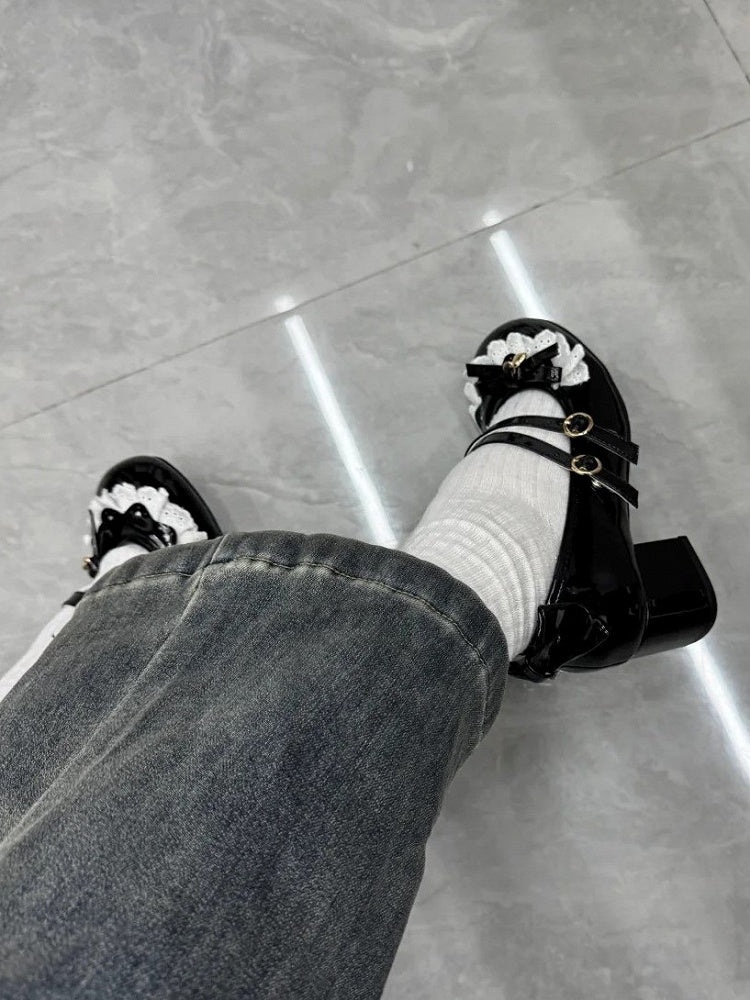 with Toe Sweet Round Heels Snap Lolita Decor Fastener Bow Mid Black