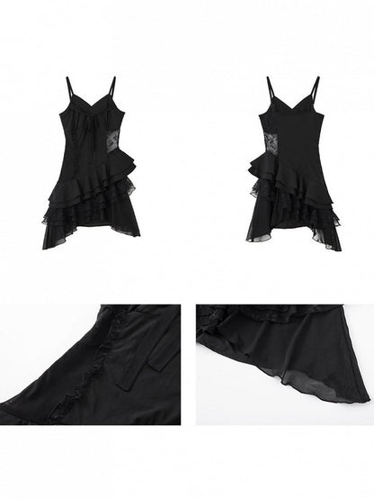 Short Tulle Black Floral Tiered Gothic with Dress Asymmetric Slip Hem Embroidery