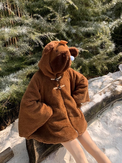 茶色のかわいいカピバラのフード付きジップ開閉フリースフード付きケープ