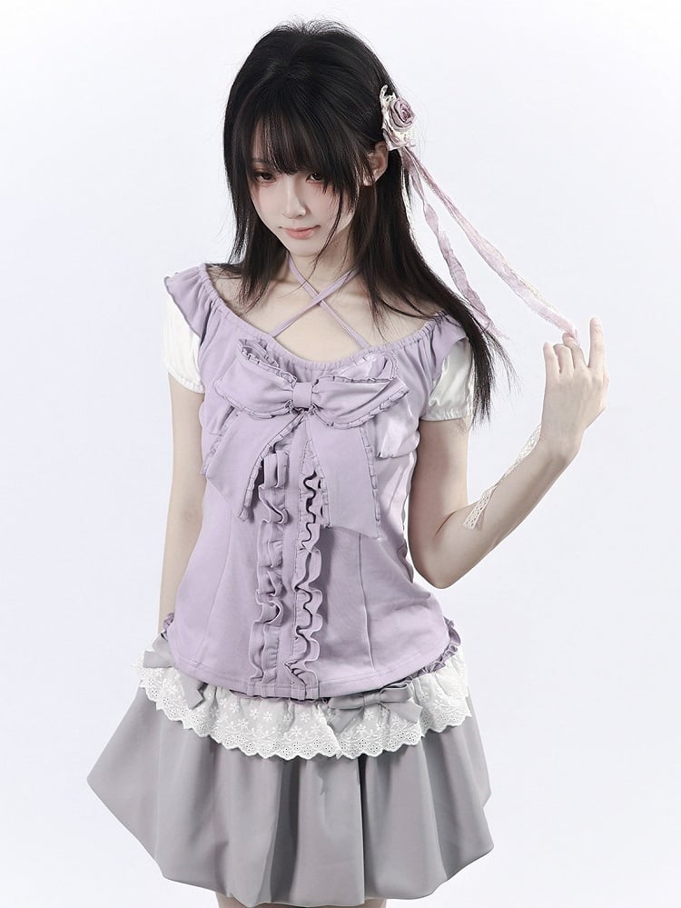 Gray Lace Trim Bubble Skirt with Bow - PINK SAVIOR