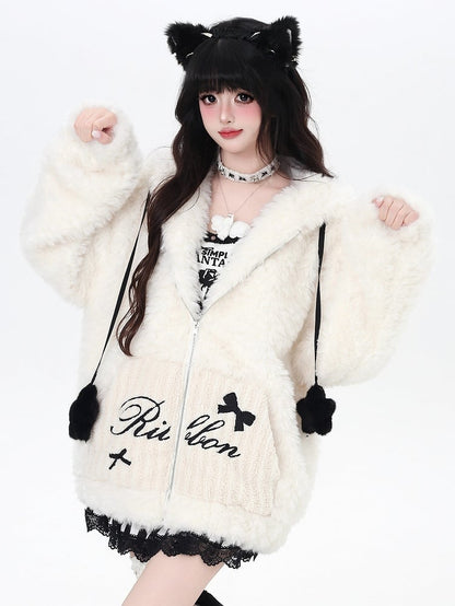 Jacket Hoodie Ear Accents Off-white/Dusty Blue Hood Kawaii Daily - Starry Stellar Bunny Striped