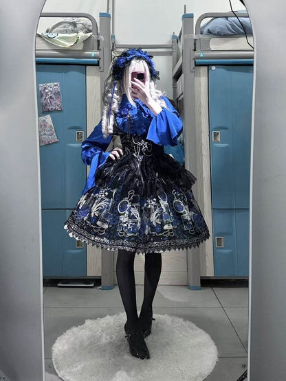 Short Skull Under and Spider with Print JSK Web Blue Dress Bust Gothic Lolita Rosette Overlay Klein