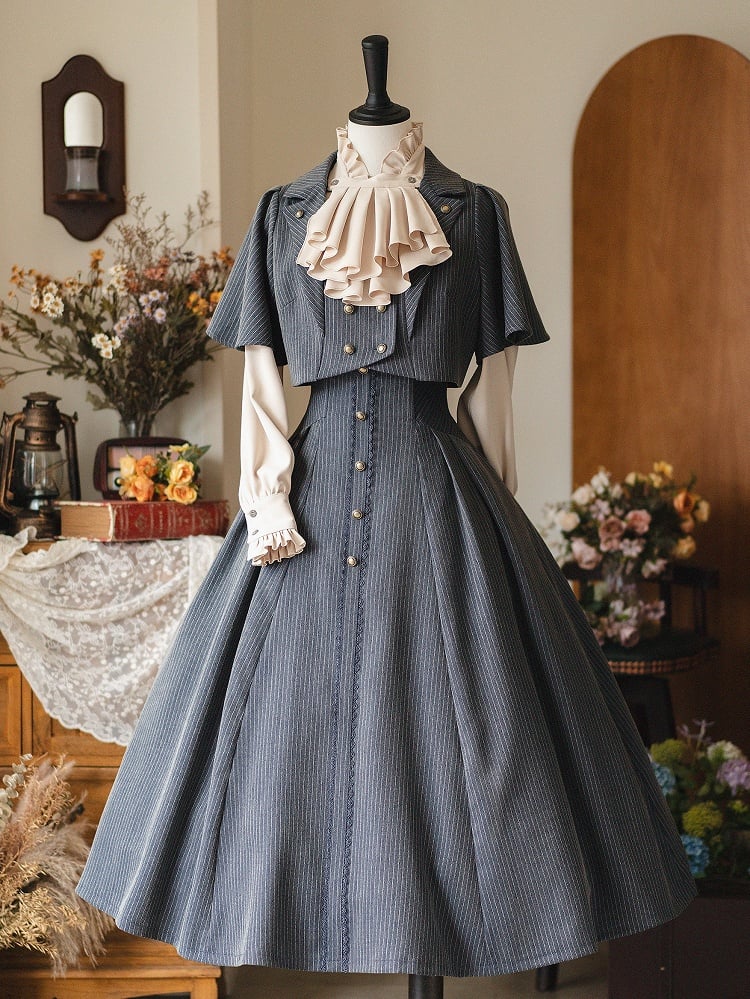 Dunkelstaubblauer Frühlings-Vintage-Lolita-Rock mit hoher Taille und Stäbchen