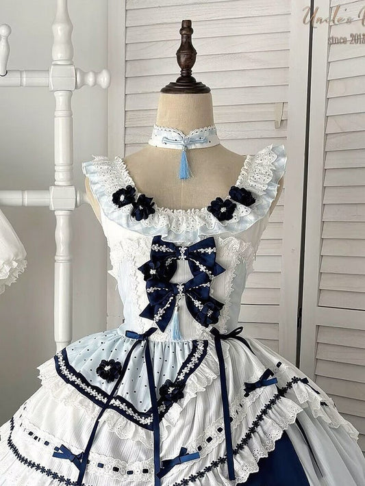 Pattern Lolita Blue Polka-dot White with Tassel Accents Choker