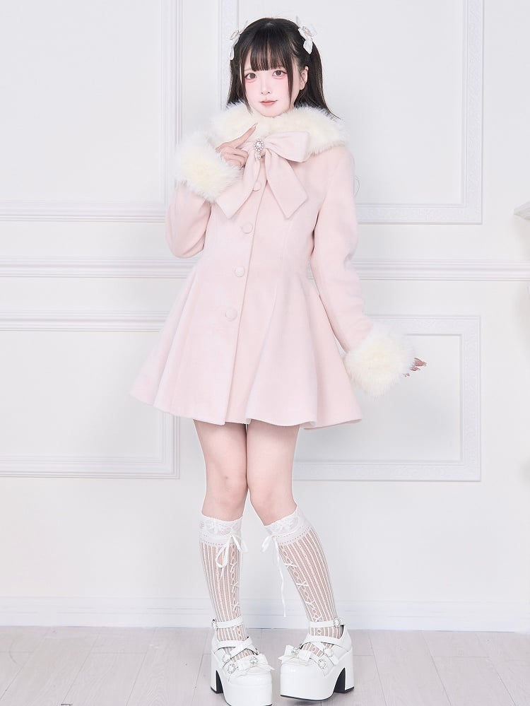 Cape Pink Jirai Kei with Plush Detachable Collar Coat Cuffs | Waist-Cinching