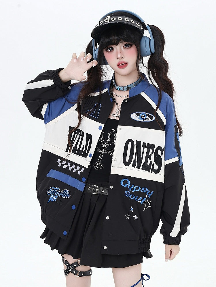 Buttoned Hem with in Blue Detachable 2-in-1 Letter Jacket Baseball Placket Pattern Black