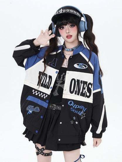 Buttoned Hem with in Blue Detachable 2-in-1 Letter Jacket Baseball Placket Pattern Black