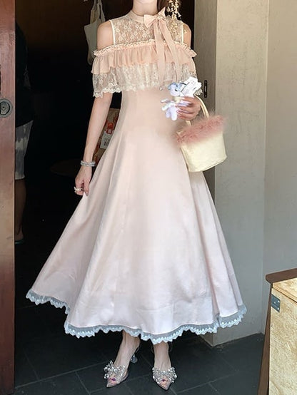 Pink Dress Illusion Neckline Off-Shoulder Kei Jirai Elegant Maxi with