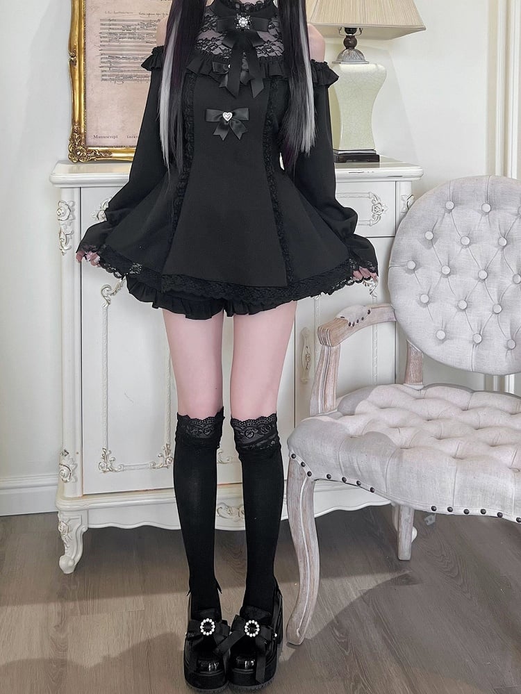 ジライケイイリュージョンフリルショーツ付きミニブラックスカート、カットアウトショルダードレス、ヘムネックラインセット