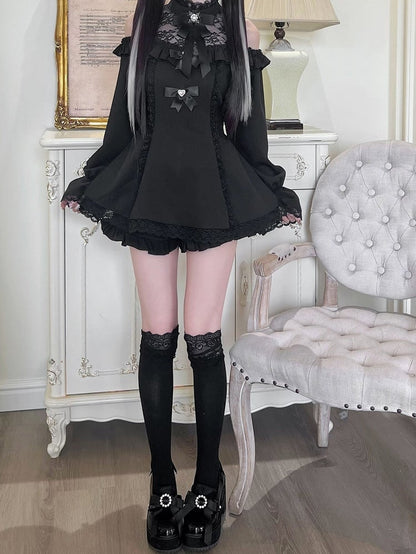 ジライケイイリュージョンフリルショーツ付きミニブラックスカート、カットアウトショルダードレス、ヘムネックラインセット