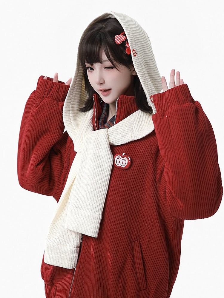 Pompon with Scarf Accents Apple Design Embroidery Hat White