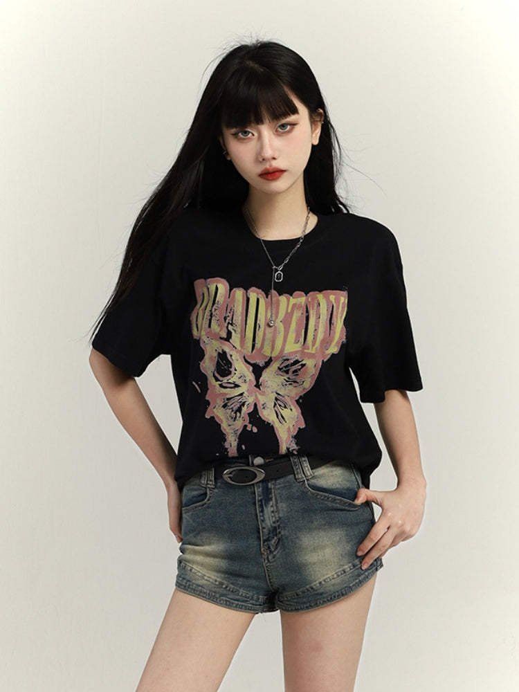 ダークグレー/ブラウン/ブラック/ホワイト バタフライプリント ヴィンテージ ルーズTシャツ