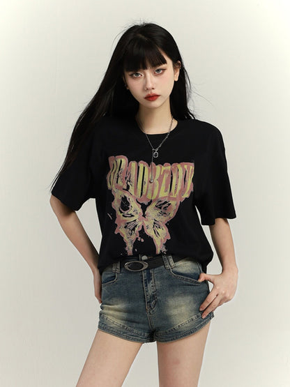 ダークグレー/ブラウン/ブラック/ホワイト バタフライプリント ヴィンテージ ルーズTシャツ