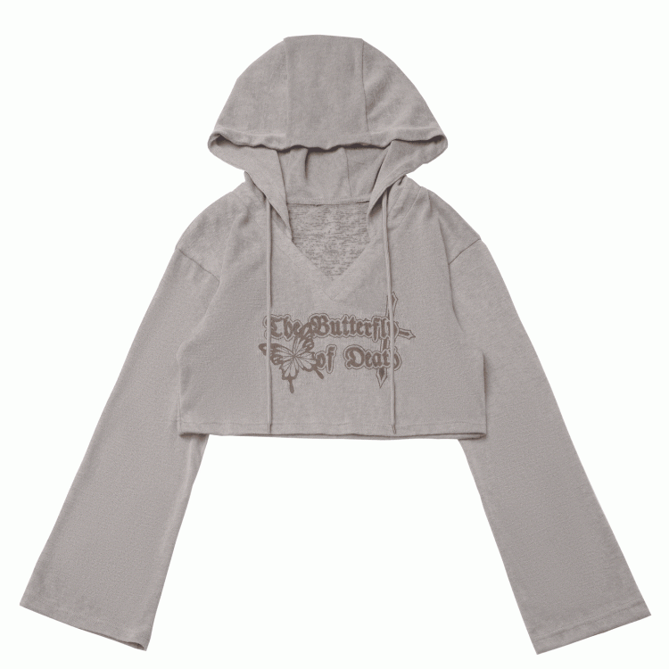 Knit Coverup Gray/Khaki V-neck Butterfly Print Hooded