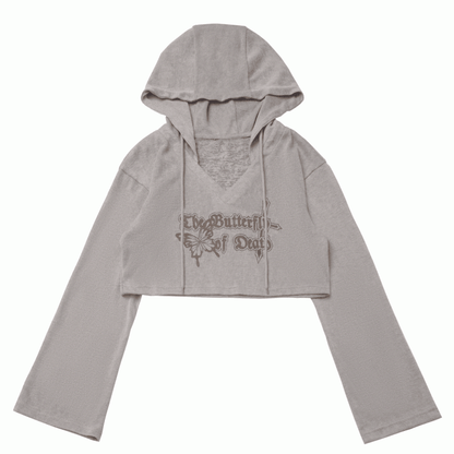 Knit Coverup Gray/Khaki V-neck Butterfly Print Hooded