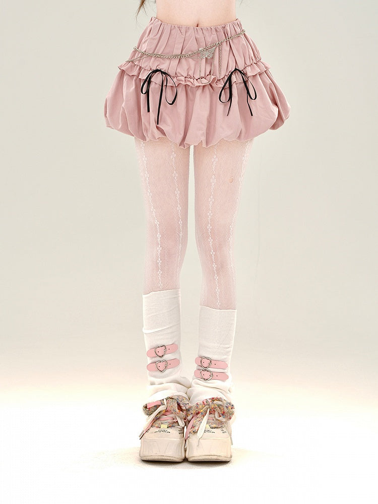 Skirt with Bubble Details Bowknot Pink