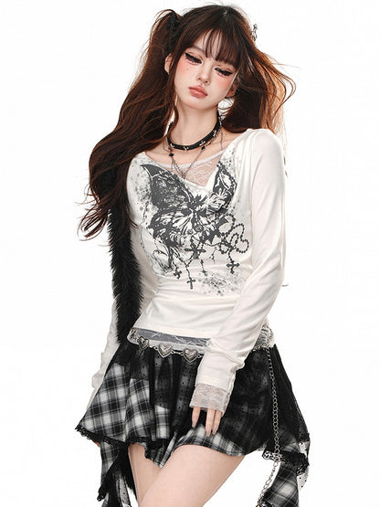 Schwarz/weißes Oberteil mit Schmetterlingsdruck und asymmetrischem Ausschnitt und langen Ärmeln