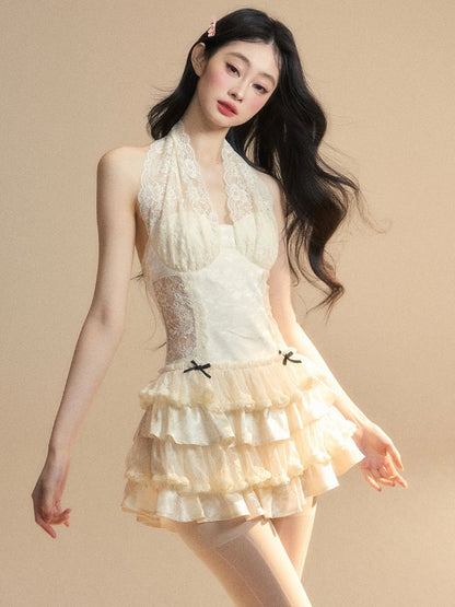 Dress Apricot Halter Neck Contrast Lace Patches Tiered Ruffles