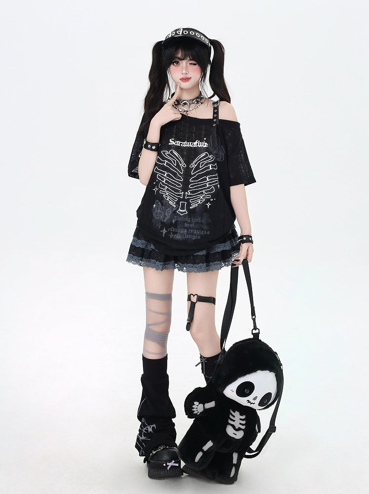 Y2K アシンメトリーネックライン スケルトン ハートプリント ブラック/グレー/ホワイト Tシャツ