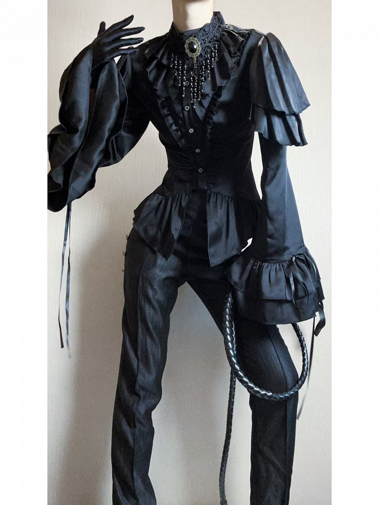 Black Shoulder Ruffle Panels Lolita Blouse with Aristocrat Cascading Ouji
