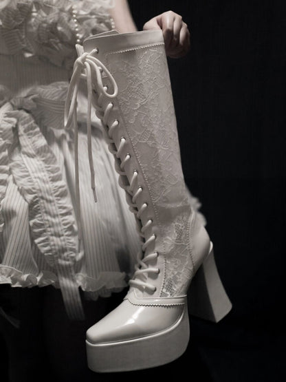 ゴシックホワイトフロントレースアップタイレースプラットフォームハイブロックヒールニーハイブーツ