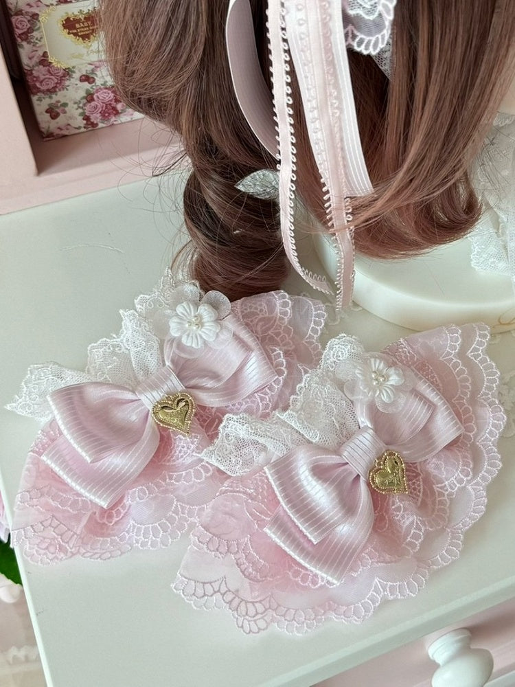 Pattern Floral Cuffs Wrist Striped Design Bowknot Decorated Pink/PinkBlue Heart