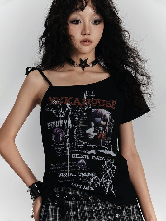 T-Shirt Punk Self-tie Print Asymmetrical Strap Black Anime with