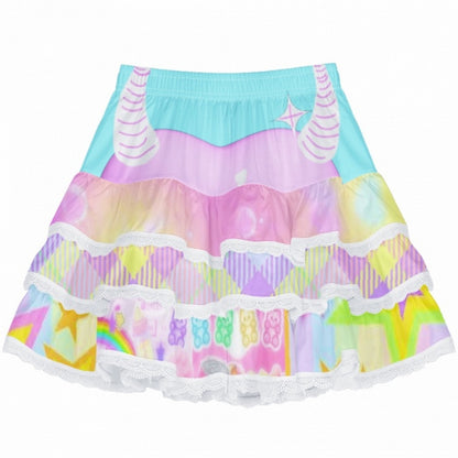 A-Linie Y2K Streifenmuster Weiß/Blau/Lila Stufenrock mit Spitzenbesatz