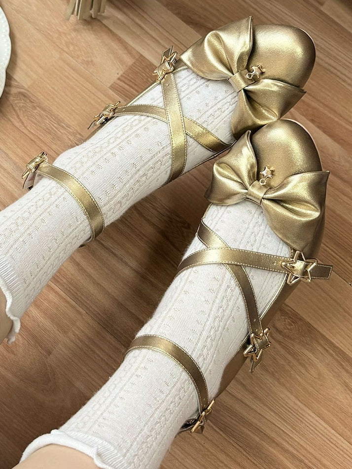 Top Bow at Sweet Starry Golden High-heel Lolita Shoes Buckles