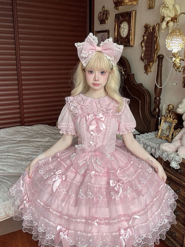 Hanayome Rock Akzente Lolita Prinzessin Tüll Schleife Rosa JSK Kleid Mehrlagig