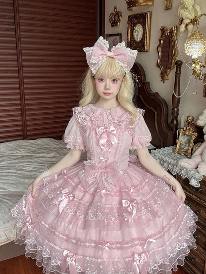 Hanayome Rock Akzente Lolita Prinzessin Tüll Schleife Rosa JSK Kleid Mehrlagig