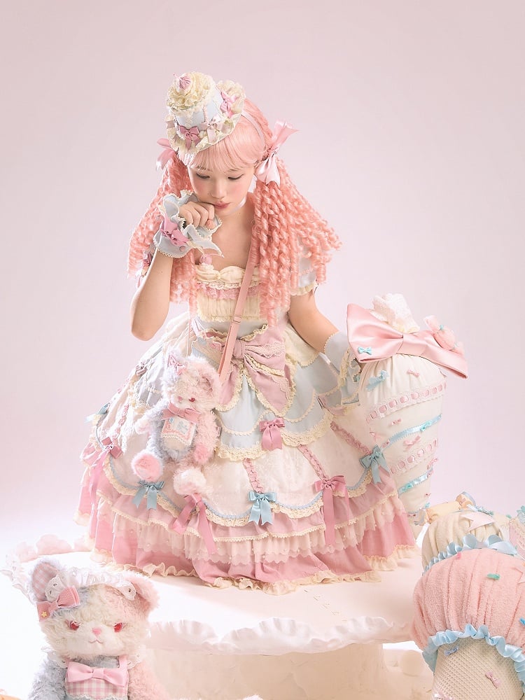 Sweet Blue Details Neckline Lolita Pink Dress Sleeves Square and Bowknot Puff